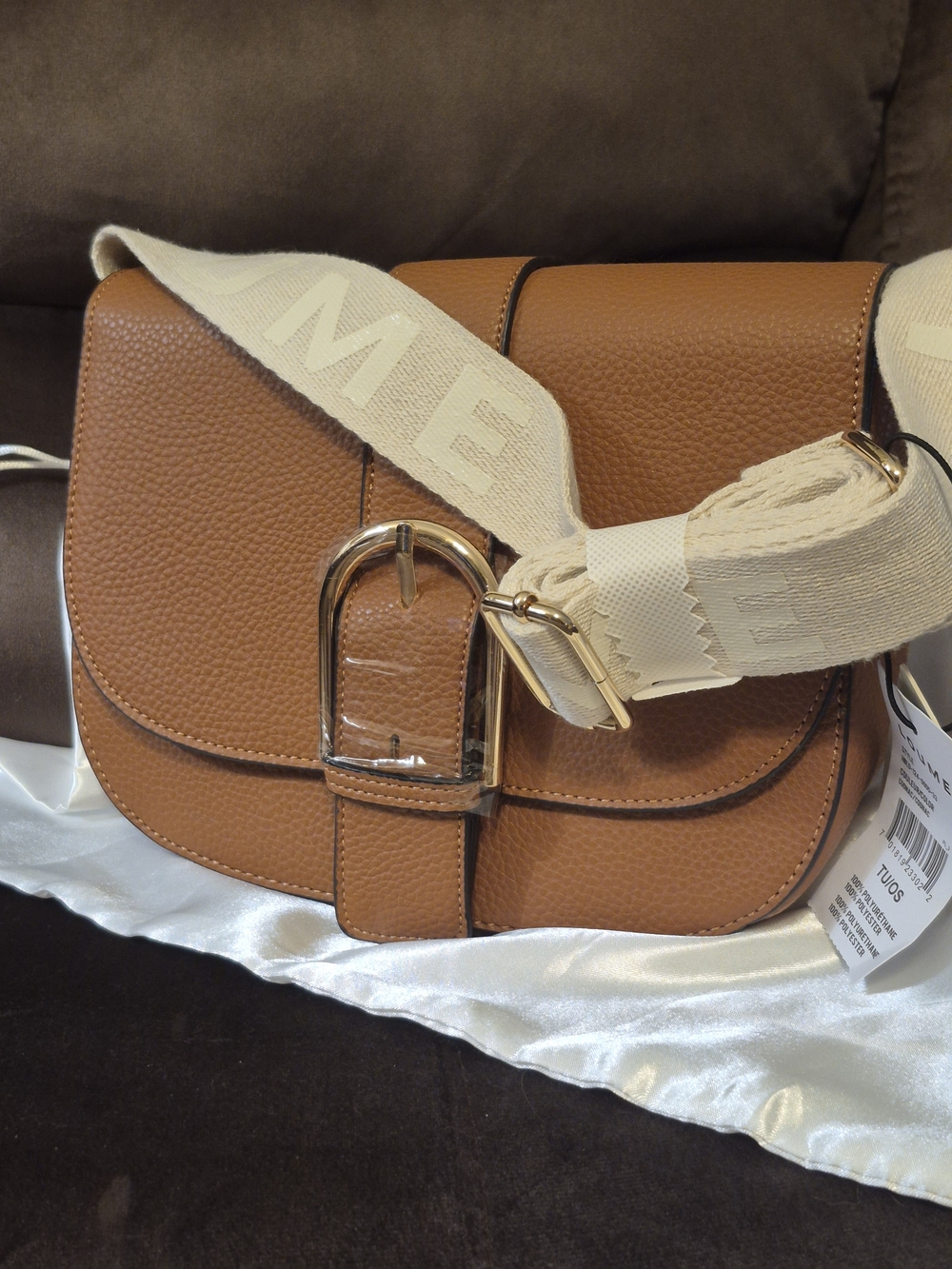 Cognac  Crossbody Bag with Wide Cream Strap